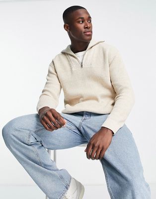 Selected Homme cotton half zip knit sweater in ecru - STONE-Neutral