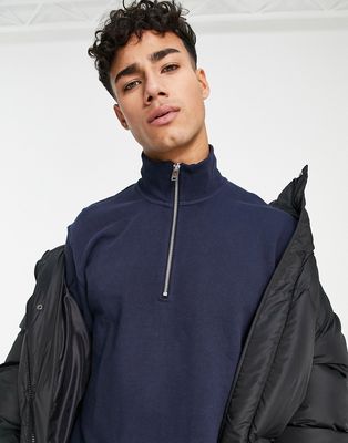 Selected Homme cotton high neck 1/4 zip sweatshirt in navy - NAVY