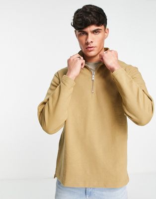 Selected Homme cotton high neck 1/4 zip sweatshirt in tan - TAN-Brown