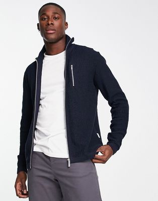 Selected Homme cotton knit boucle zip up jacket in navy