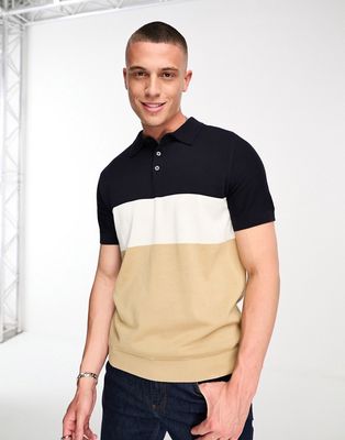 Selected Homme cotton mix knitted polo in blue and beige stripe-Neutral