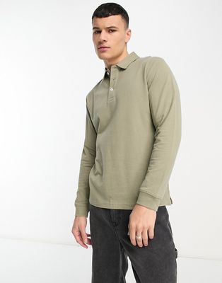 Selected Homme cotton mix long sleeve polo in khaki-Green