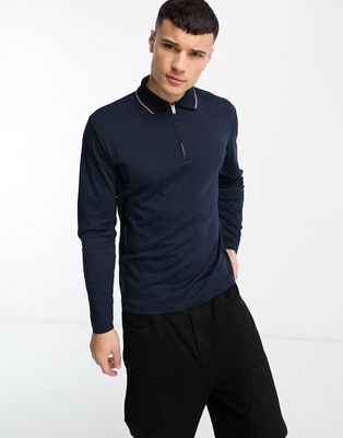 Selected Homme cotton mix long sleeve polo with zip in navy-White