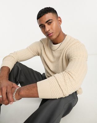 Selected Homme cotton mix textured knit sweater in beige-Neutral