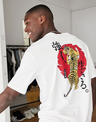 Selected Homme cotton oversized t-shirt with tiger back print in white - WHITE