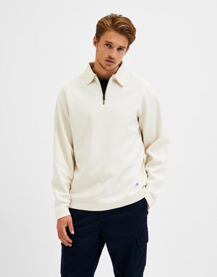 Selected Homme cotton quarter zip sweatshirt polo in cream - CREAM-White