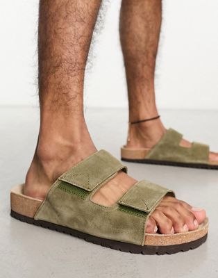 Selected Homme double strap suede sandal in khaki-Green