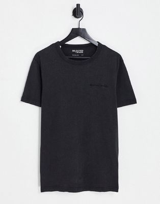 Selected Homme embroided logo t-shirt in washed black
