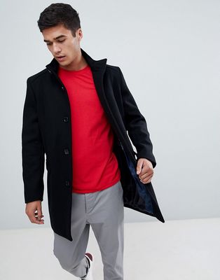 Selected Homme Funnel Neck Wool Mix Overcoat-Black