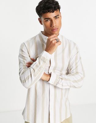 Selected Homme grandad collar linen mix shirt in beige stripe-Neutral