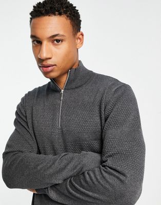 Selected Homme half zip knitted sweater with textured stripe in gray