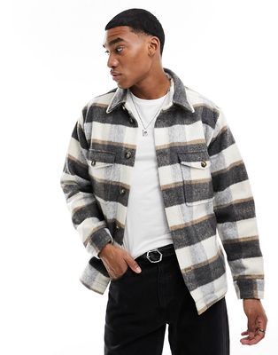 Selected Homme heavyweight overshirt in off white and navy plaid-Multi