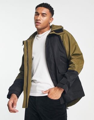 Selected Homme hooded parka in black and khaki color block