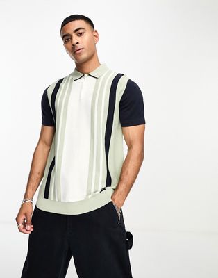 Selected Homme knit polo in sage with stripe-Green