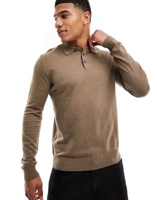 Selected Homme knitted long sleeve polo in brown