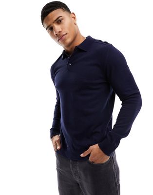 Selected Homme knitted long sleeve polo in navy