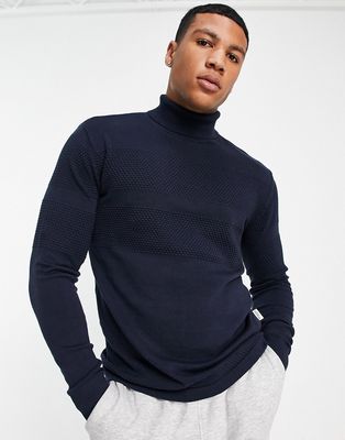 Selected Homme knitted roll neck sweater with textured stripe in navy