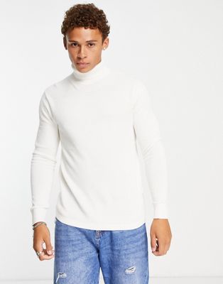 Selected Homme knitted roll neck sweater with textured stripe in white