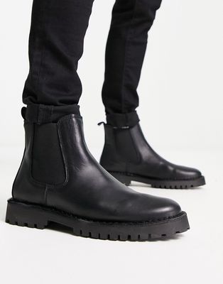 Selected Homme leather chelsea boot with chunky sole in black