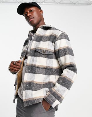 Selected Homme lined check jacket in cream and gray-White