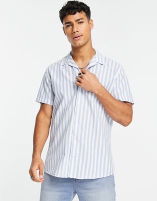Selected Homme linen mix revere short sleeve shirt in blue stripe