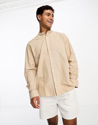 Selected Homme long sleeve band collar linen shirt in beige-Neutral