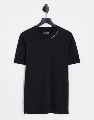 Selected Homme mock neck t-shirt with logo neck print in black