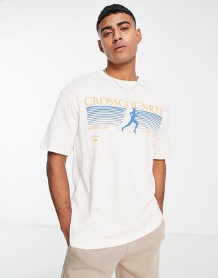 Selected Homme oversize fit t-shirt with running print in beige-Neutral
