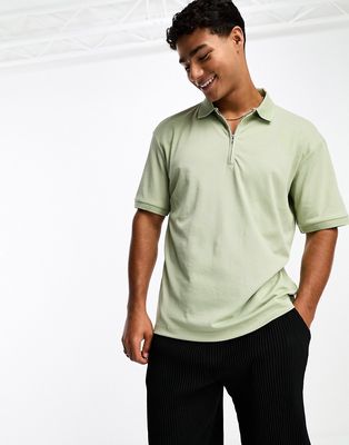 Selected Homme oversize polo with zip neck in sage-Green