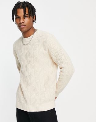 Selected Homme oversized cable knit sweater in beige-Neutral