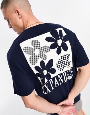 Selected Homme oversized T-shirt with flower back print in navy