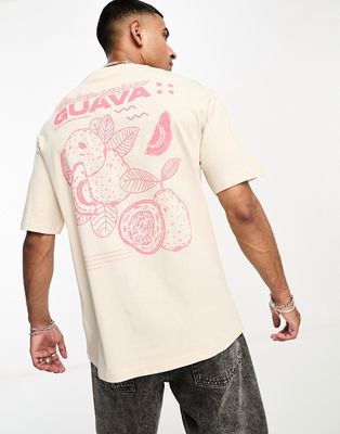 Selected Homme oversized T-shirt with guava back print in beige-Neutral