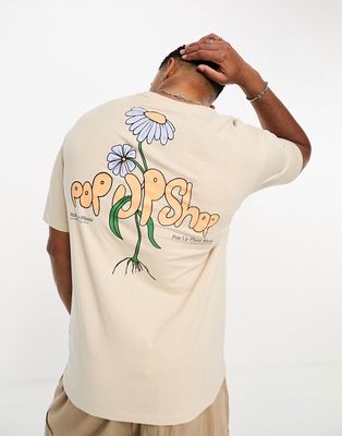 Selected Homme oversized T-shirt with 'Pop Up Shop' back print in beige-Neutral