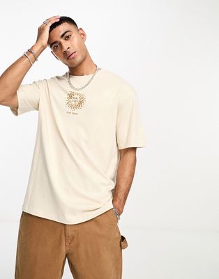 Selected Homme oversized t-shirt with solar chest print in beige-Neutral