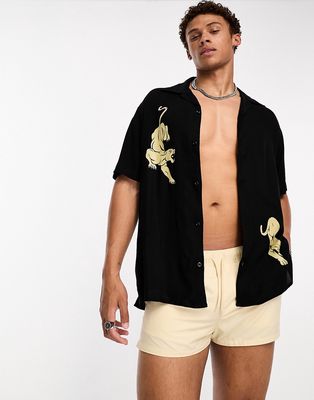 Selected Homme revere collar oversized shirt with tiger print in black