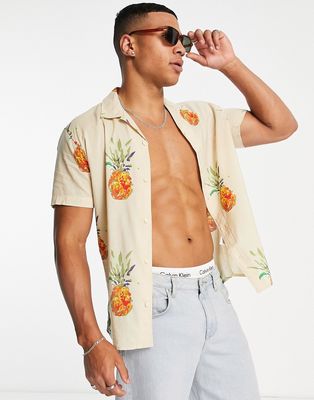 Selected Homme revere short sleeve shirt with pineapple print in beige-Neutral