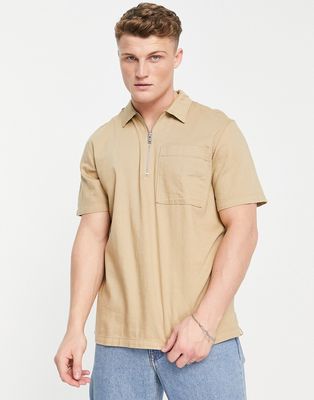 Selected Homme short sleeve half zip shirt in sand-Neutral