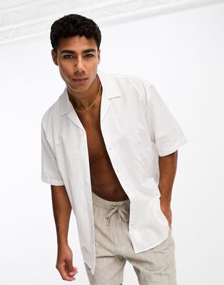 Selected Homme short sleeve revere collar linen shirt in white