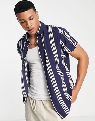 Selected Homme shorts sleeve shirt in navy, white & beige vertical stripe-Blue