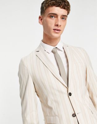 Selected Homme slim fit suit jacket in beige summer stripe-Neutral