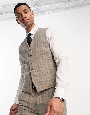 Selected Homme slim fit vest in beige check-Neutral