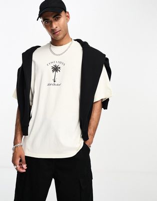 Selected Homme super oversized t-shirt with late check out chest print in off white