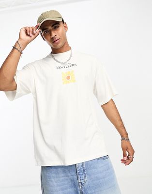 Selected Homme super oversized T-shirt with les fleurs chest print in white