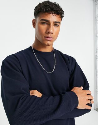 Selected Homme waffle crew neck sweat in navy-Brown