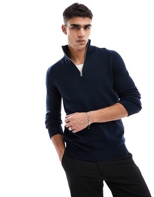 Selected Homme wool mix high neck 3/4 zip sweater in navy