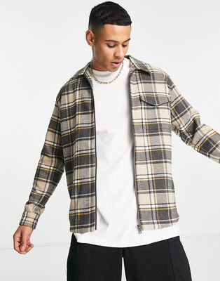 Selected Homme zip overshirt check jacket in beige-Neutral