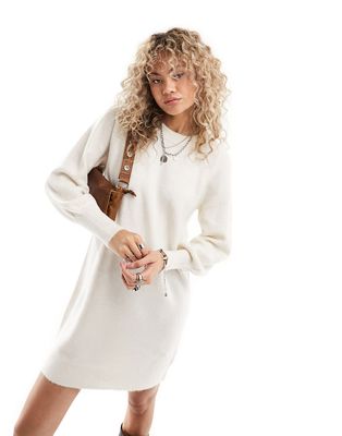 Selected long sleeve knitted mini dress in cream-White