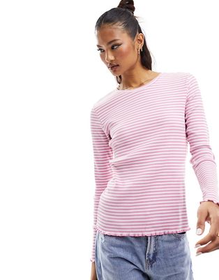Selected long sleeve ribbed tee with lettuce hem in pink and white stripe-Multi