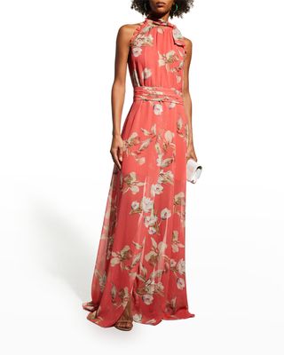Selena Draped Floral-Print Halter Gown