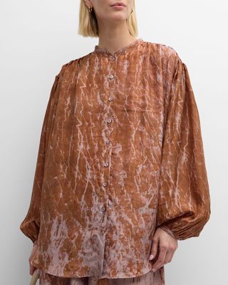 Selenite Abstract-Print Blouson-Sleeve Shirt